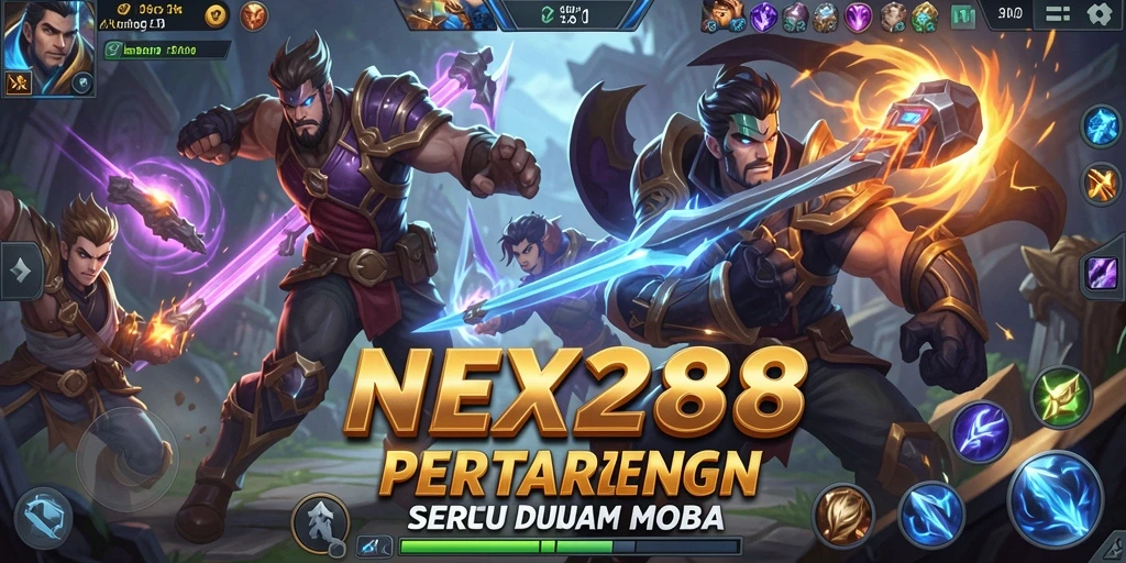 Screenshot utama NEX288 menampilkan aksi intens dalam pertempuran MOBA.